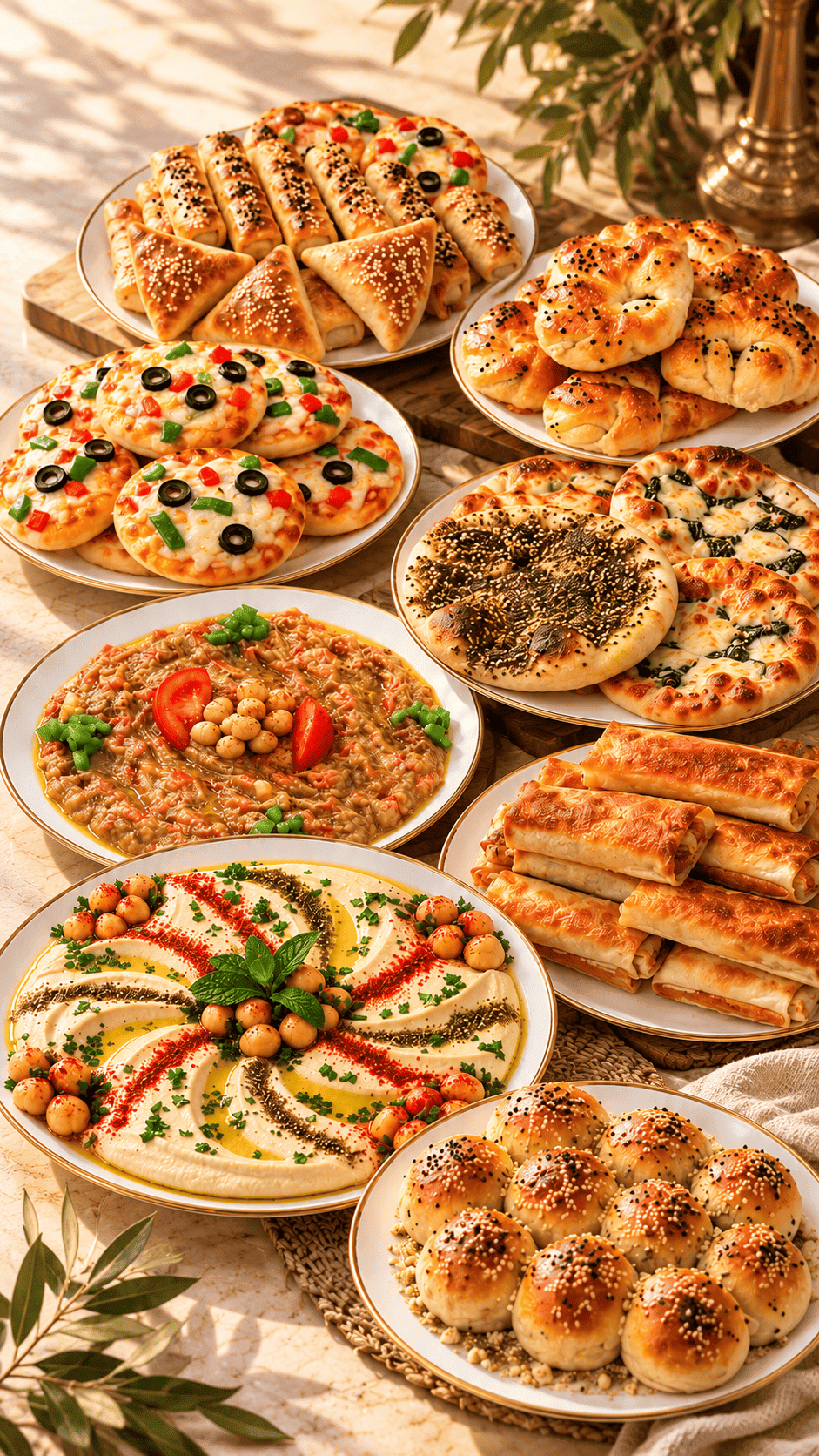 Traditional Middle Eastern breakfast spread with fresh bread and mezze