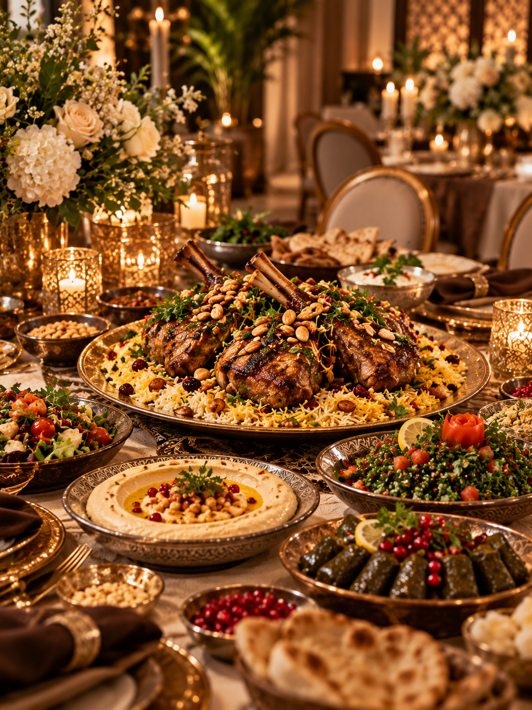 Luxury Middle Eastern catering spread on a dining table